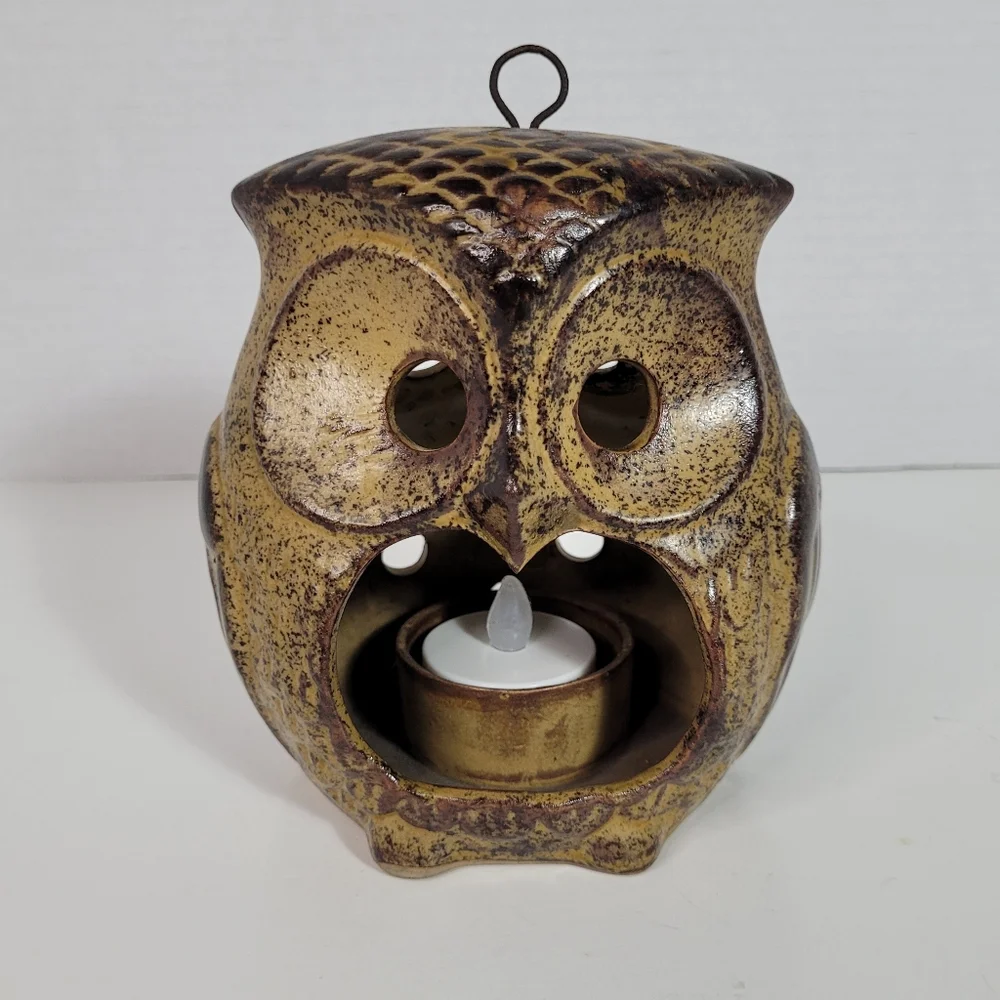 Vintage Ceramic Owl Lantern Tealight Candleholder w Loop for Hanging 1970s